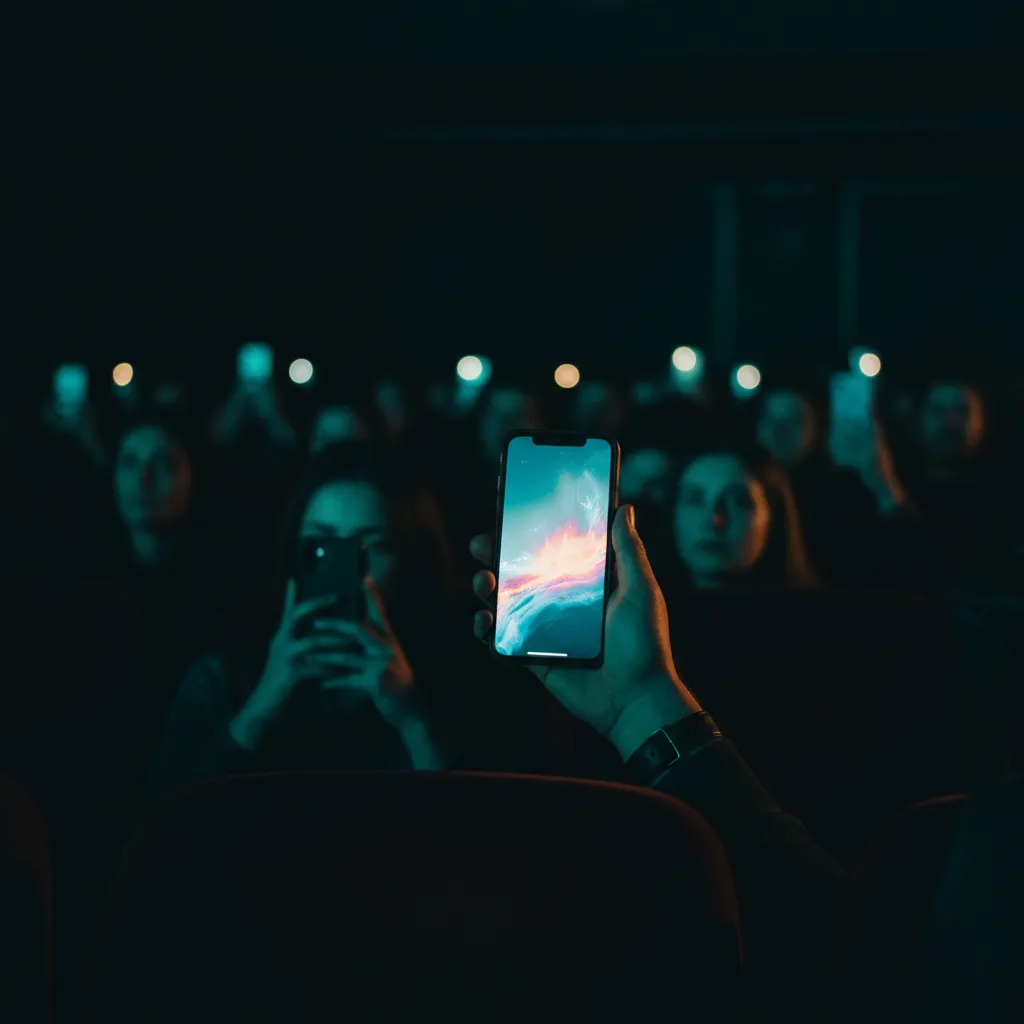 A hand holding a phone glowing in a dark theater — every guest sees the same thing at the same moment
