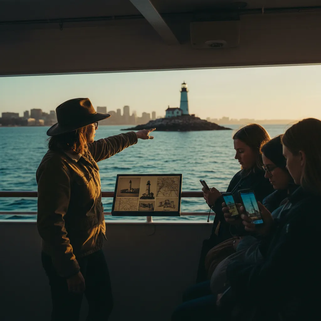 On the deck of a sightseeing boat, a guide points at a landmark in the distance while guests look at their phones showing historical photos. Golden hour light on the water, cinematic documentary photography.