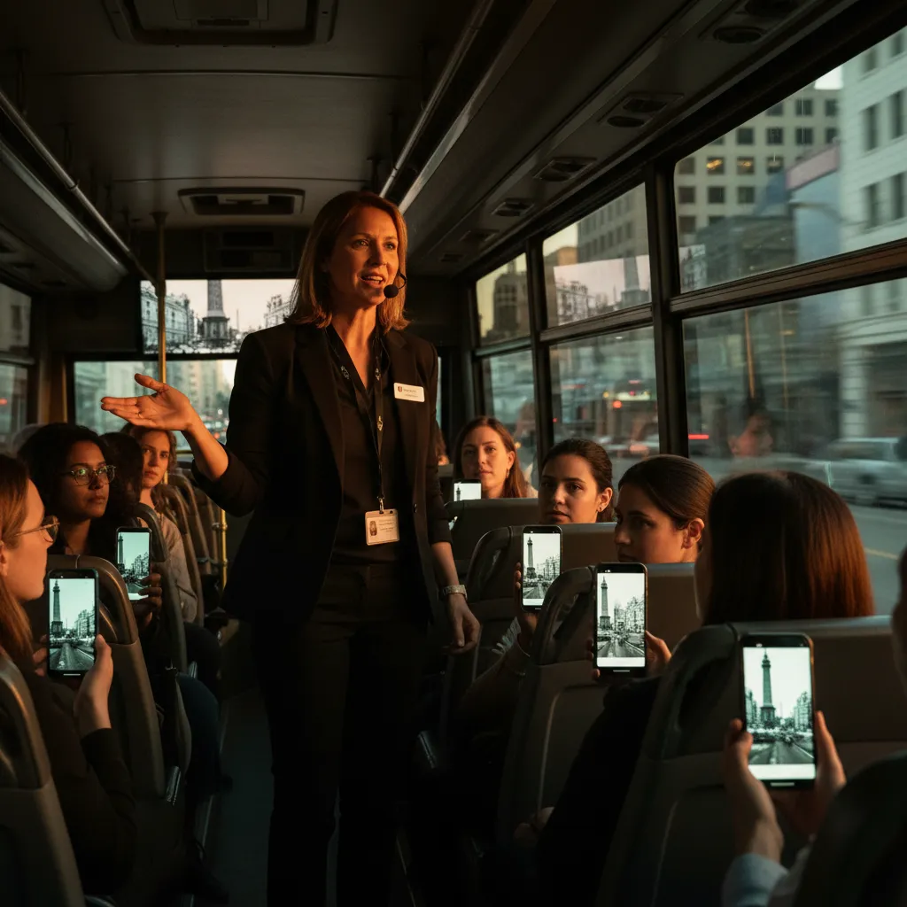 Inside a tour bus, passengers hold phones showing synchronized tour content — historical photos matching the view through the windows. The guide stands in the aisle, warm light through windows, documentary photography.