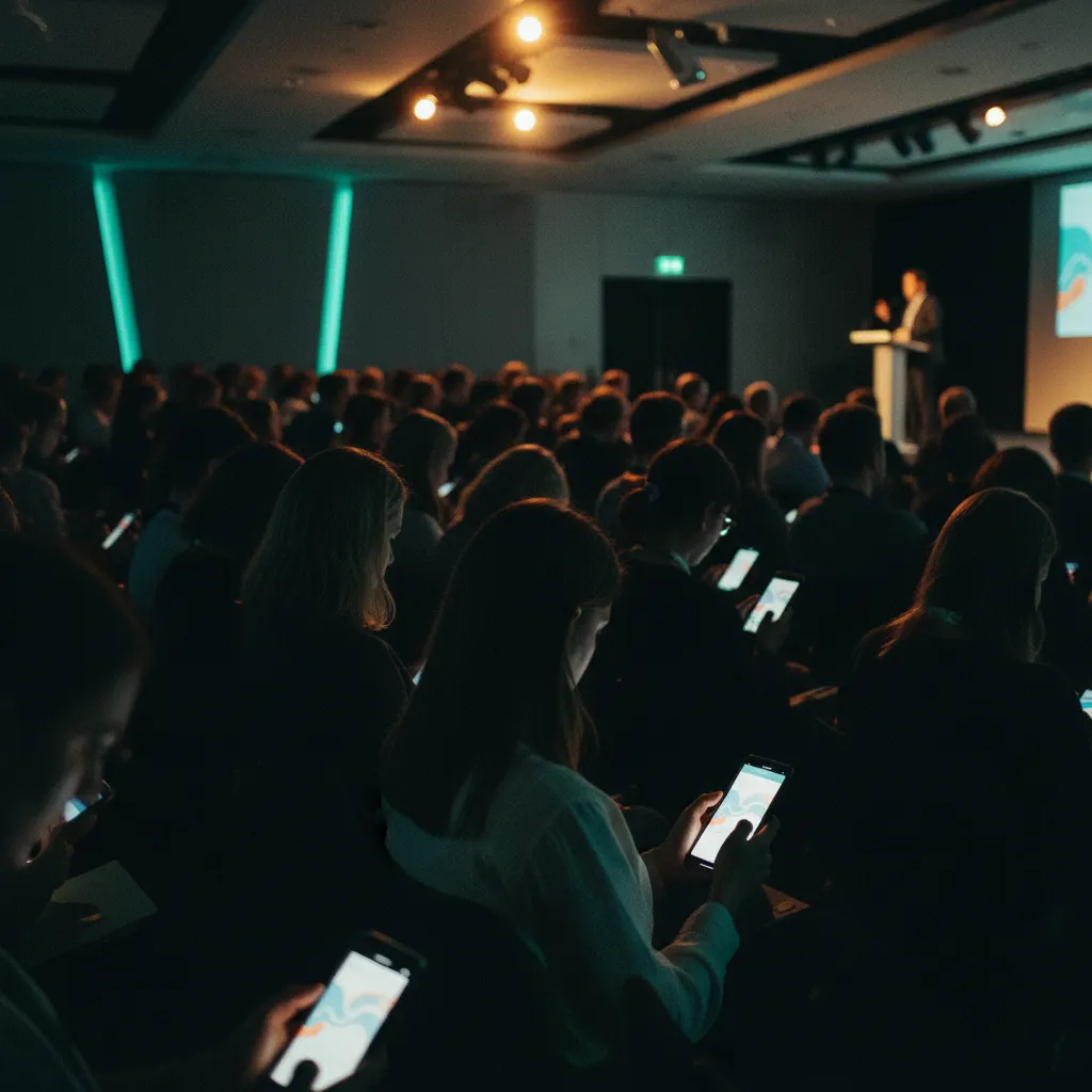 A conference hall with attendees holding phones showing synchronized presentation slides. The speaker stands at a podium with no visible screen, modern event space, documentary photography.