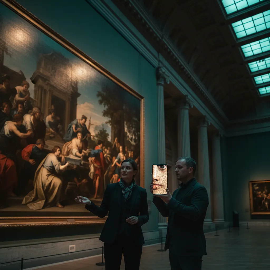 Inside an art museum gallery, a docent stands beside a painting while a visitor holds a phone showing a magnified detail. Track lighting, quiet contemplative atmosphere, dark shadows.