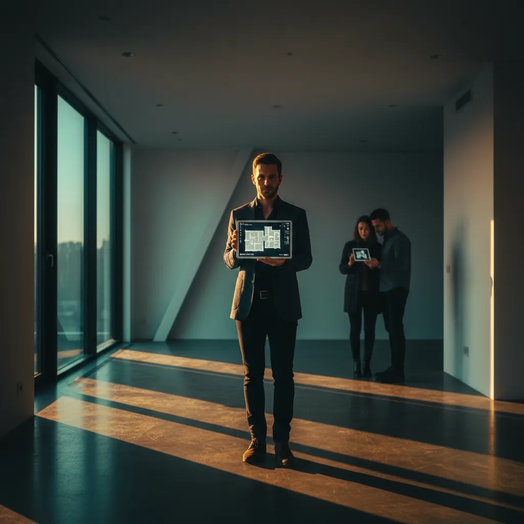 A real estate agent in a bright modern apartment holding a tablet showing architectural plans while a couple looks at their phone with the same plans. Sunlight through windows, clean modern aesthetic.