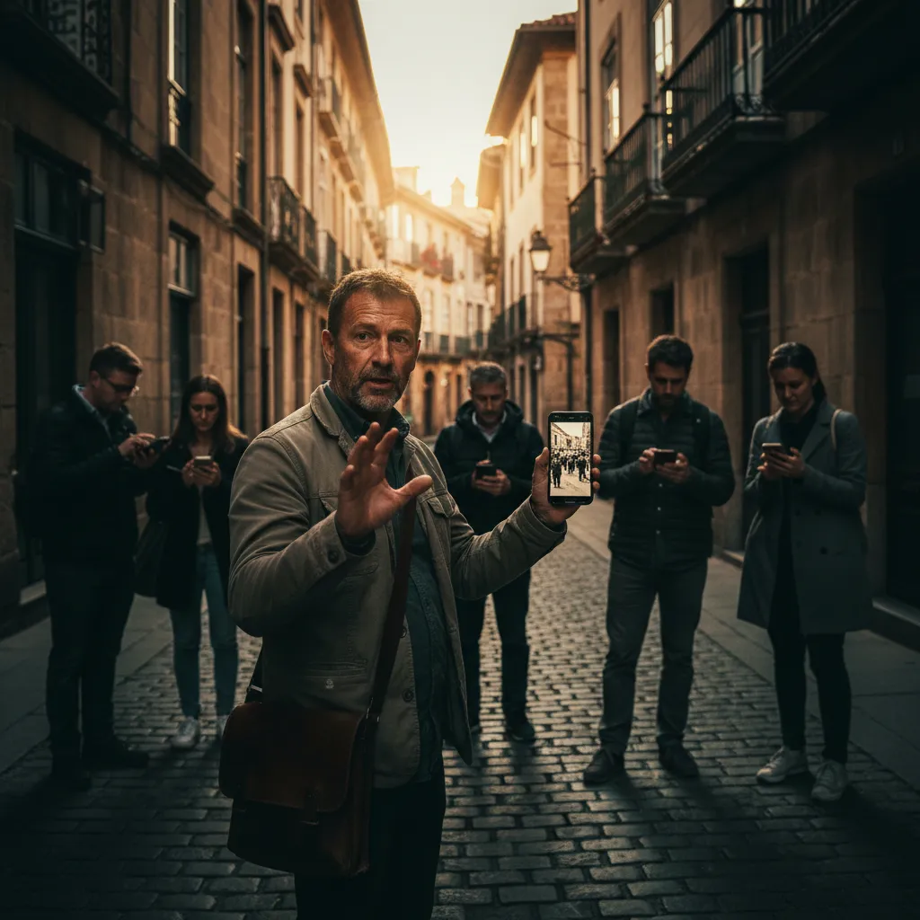 A walking tour guide in a European historic district holds a phone showing a historical photo while guests look at their own phones. Cobblestone street, golden hour light, cinematic documentary photography.